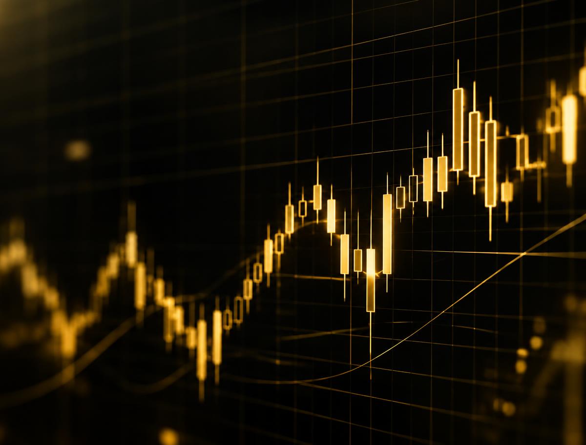 Candlestick chart pattern on a dark grid