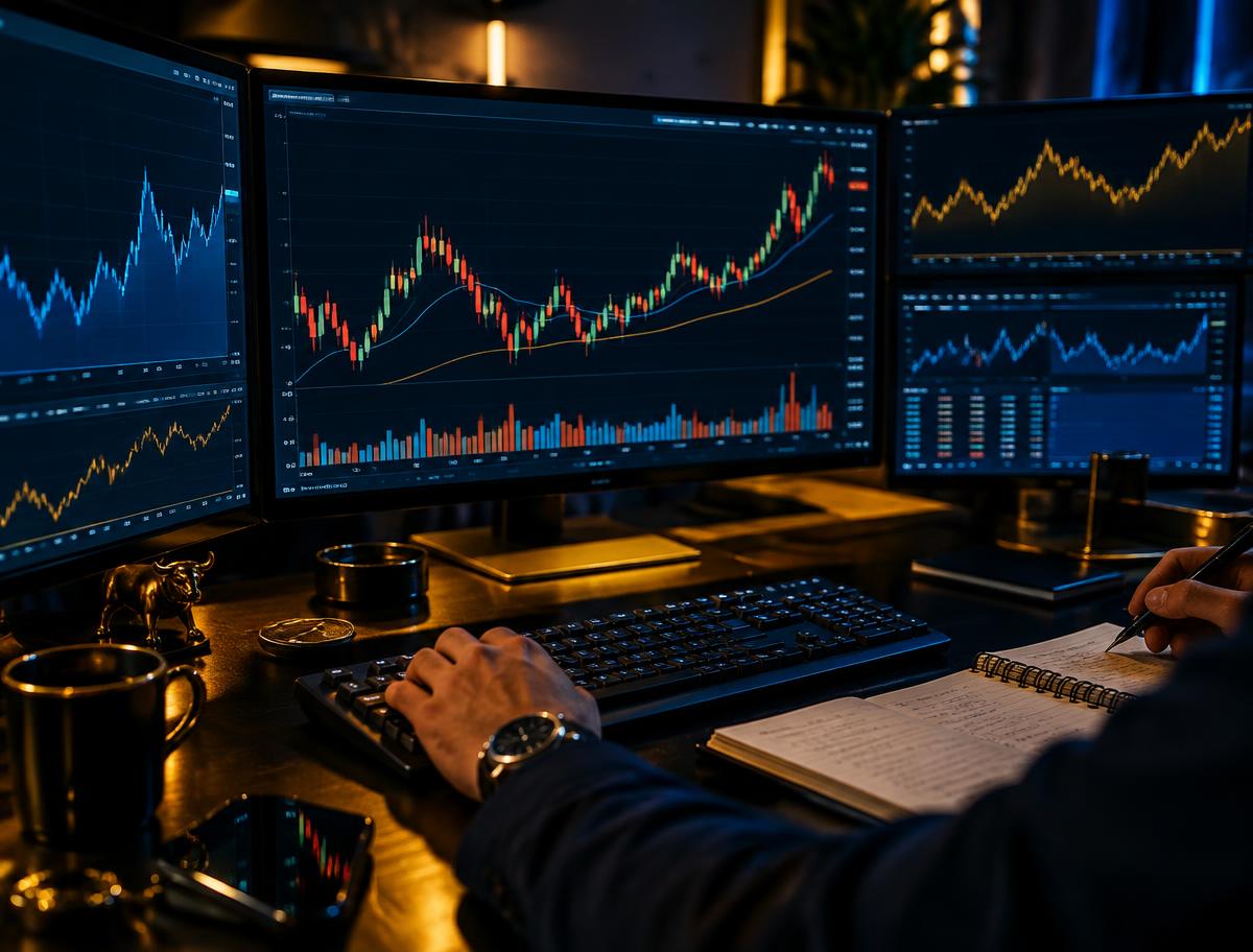 Trader reviewing candlestick charts across multiple monitors